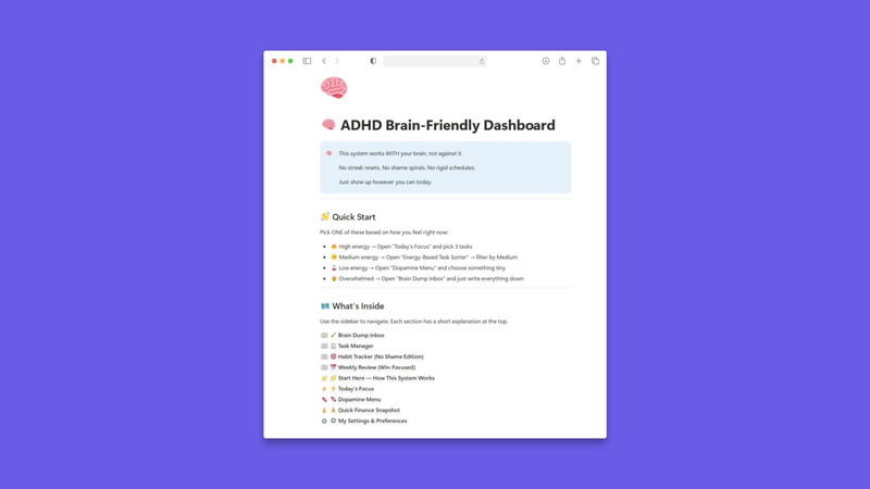 ADHD Brain-Friendly Notion Dashboard preview